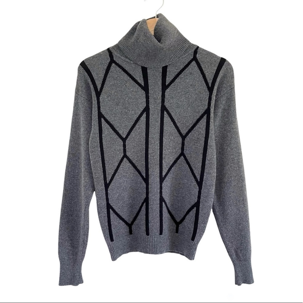 Vintage Sport Whirl Cashmere Turtleneck Pullover Sweater Grey Black Small